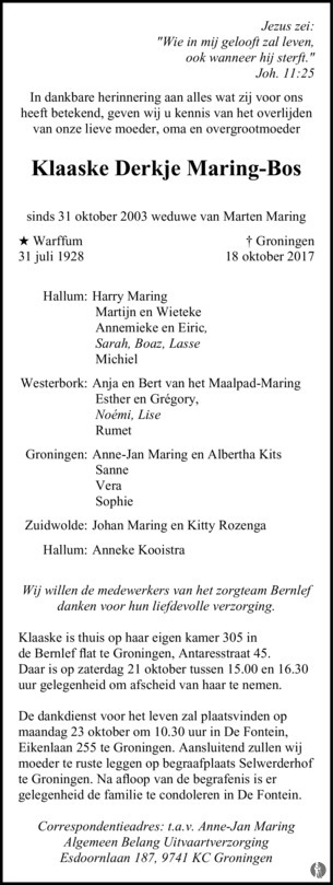 overlijdensadvertentie klaaske derkje bos in 2017.
